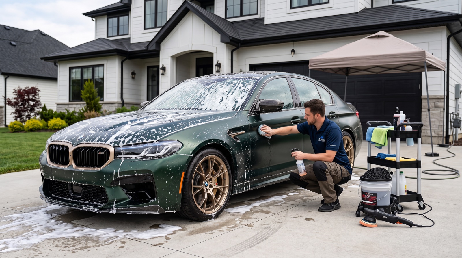 Hand-drying and spray detailing a black BMW M5 after a wash