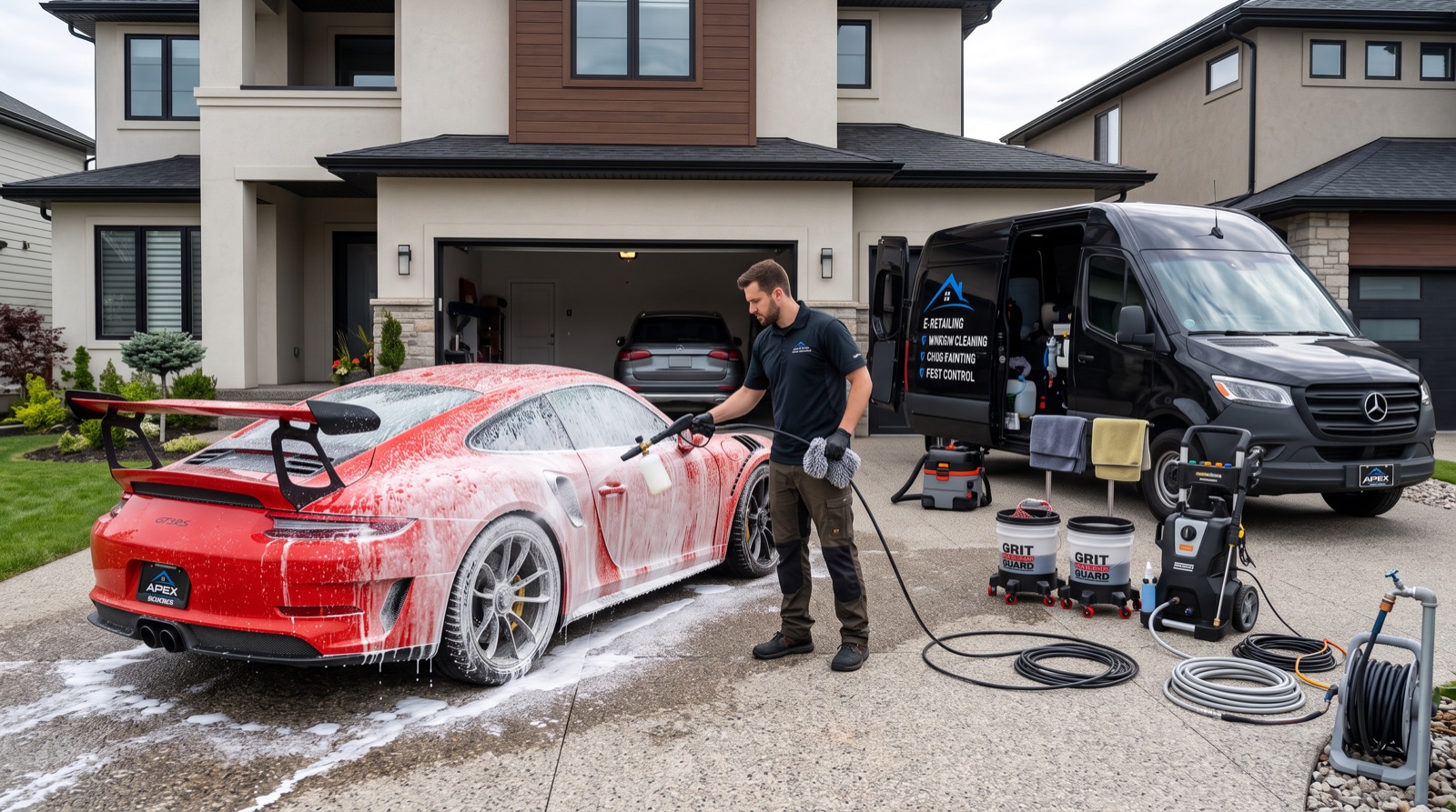 Apex Detailz technician foam-washing a Porsche 911 GT3 in a residential driveway, mobile van parked alongside